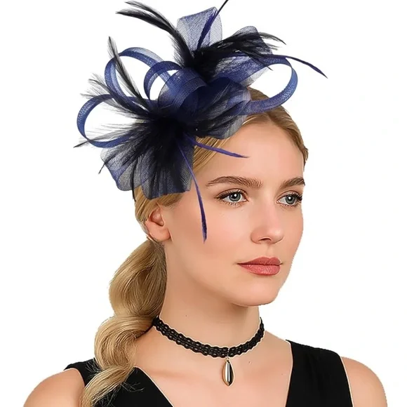 Derby Hat for Women Fascinators Hat Elegant Mesh Feather Headband with Clip - Picture 2 of 12